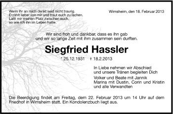 Traueranzeige von Siegfried Hassler von Leonberger Kreiszeitung / Strohgäu Extra
