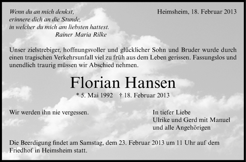  Traueranzeige für Florian Hansen vom 21.02.2013 aus Stuttgarter Zeitung / Stuttgarter Nachrichten