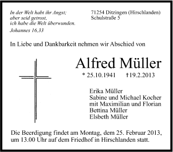 Traueranzeige von Alfred Müller von Leonberger Kreiszeitung / Strohgäu Extra