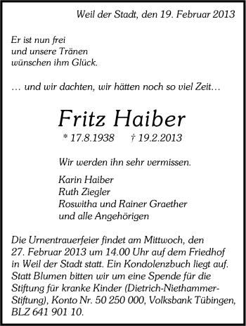Traueranzeige von Fritz Haiber von Leonberger Kreiszeitung / Strohgäu Extra