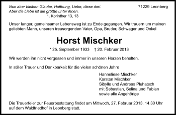 Traueranzeige von Horst Mischker von Leonberger Kreiszeitung / Strohgäu Extra