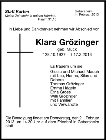 Traueranzeige von Klara Grözinger von Stuttgarter Zeitung / Stuttgarter Nachrichten