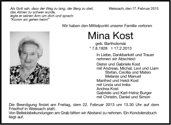 Traueranzeige von Mina Kost von Leonberger Kreiszeitung / Strohgäu Extra