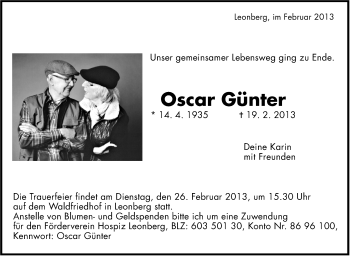 Traueranzeige von Oscar Günter von Leonberger Kreiszeitung / Strohgäu Extra