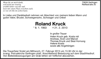 Traueranzeige von Roland Kruck von Stuttgarter Zeitung / Stuttgarter Nachrichten