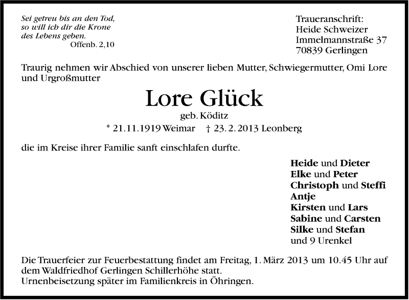  Traueranzeige für Lore Glück vom 26.02.2013 aus Leonberger Kreiszeitung / Strohgäu Extra