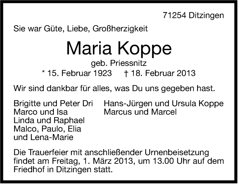  Traueranzeige für Maria Koppe vom 26.02.2013 aus Leonberger Kreiszeitung / Strohgäu Extra