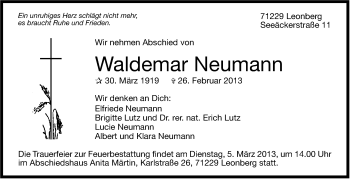 Traueranzeige von Waldemar Neumann von Stuttgarter Zeitung / Stuttgarter Nachrichten