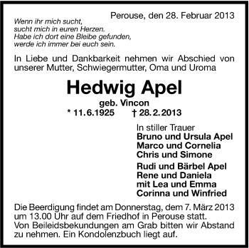 Traueranzeige von Hedwig Apel von Stuttgarter Zeitung / Stuttgarter Nachrichten