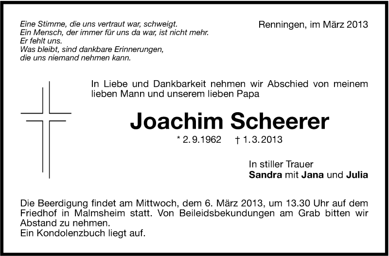  Traueranzeige für Joachim Scheerer vom 05.03.2013 aus Leonberger Kreiszeitung / Strohgäu Extra