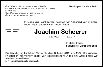 Traueranzeige von Joachim Scheerer von Leonberger Kreiszeitung / Strohgäu Extra