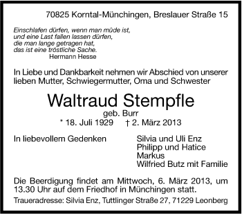 Traueranzeige von Waltraud Stempfle von Leonberger Kreiszeitung / Strohgäu Extra