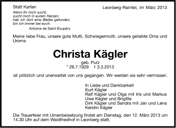 Traueranzeige von Christa Kägler von Stuttgarter Zeitung / Stuttgarter Nachrichten