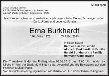 Traueranzeige von Erna Burkhardt von Stuttgarter Zeitung / Stuttgarter Nachrichten