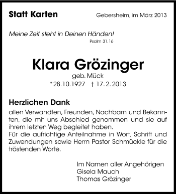 Traueranzeige von Klara Grözinger von Stuttgarter Zeitung / Stuttgarter Nachrichten