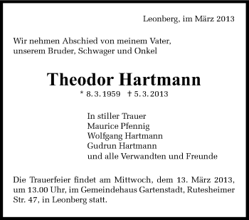 Traueranzeige von Theodor Hartmann von Leonberger Kreiszeitung / Strohgäu Extra