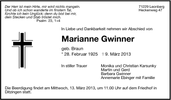 Traueranzeige von Marianne Gwinner von Stuttgarter Zeitung / Stuttgarter Nachrichten