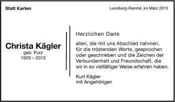 Traueranzeige von Christa Kägler von Stuttgarter Zeitung / Stuttgarter Nachrichten