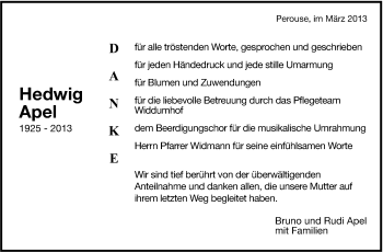 Traueranzeige von Hedwig Apel von Stuttgarter Zeitung / Stuttgarter Nachrichten