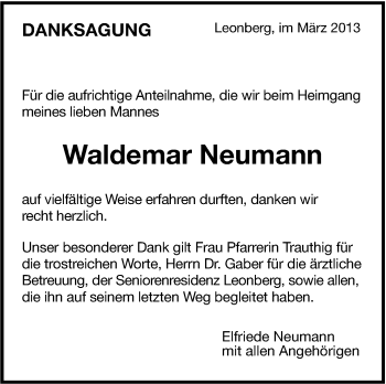 Traueranzeige von Waldemar Neumann von Stuttgarter Zeitung / Stuttgarter Nachrichten