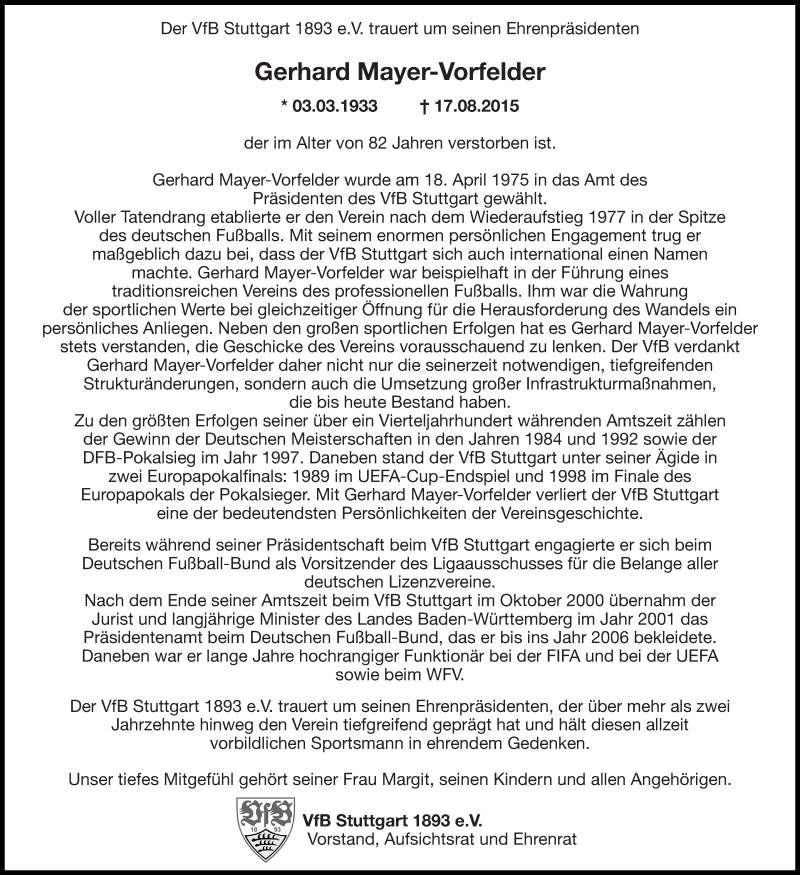  Traueranzeige für Gerhard Mayer-Vorfelder vom 20.08.2015 aus Stuttgarter Zeitung / Stuttgarter Nachrichten
