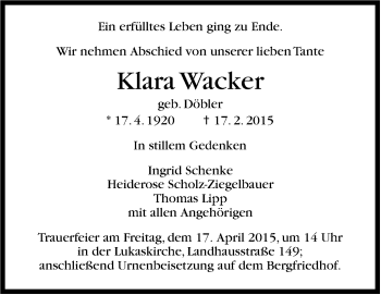 Traueranzeige von Klara Wacker von Stuttgarter Zeitung / Stuttgarter Nachrichten