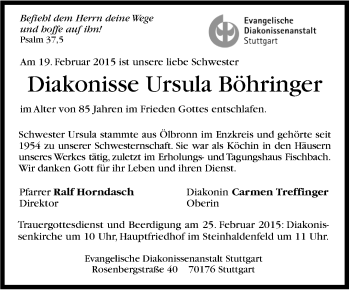 Traueranzeige von Ursula Böhringer von Stuttgarter Zeitung / Stuttgarter Nachrichten