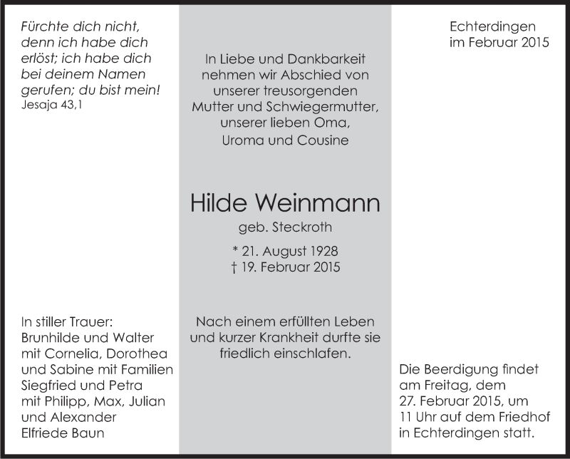  Traueranzeige für Hilde Weinmann vom 24.02.2015 aus Stuttgarter Zeitung / Stuttgarter Nachrichten
