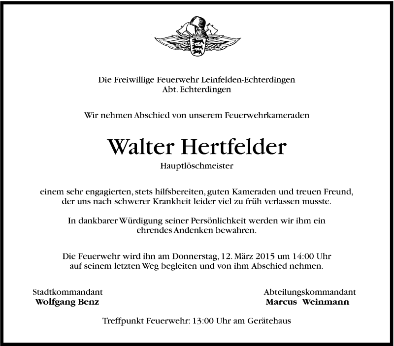 Traueranzeige für Walter Hertfelder vom 10.03.2015 aus Stuttgarter Zeitung / Stuttgarter Nachrichten