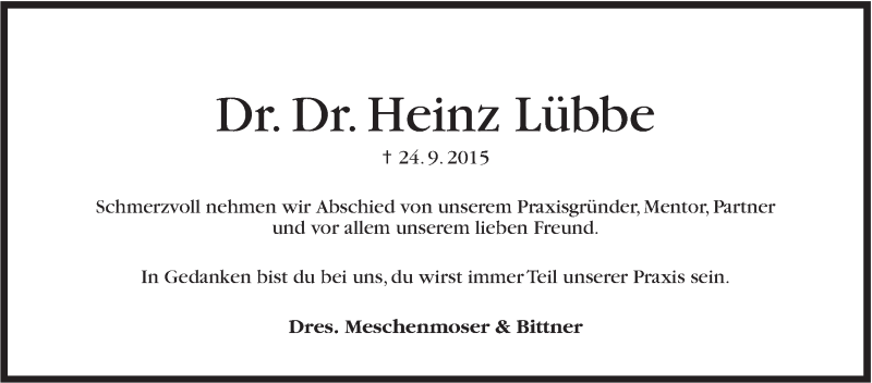 Traueranzeige für Heinz Lübbe vom 05.10.2015 aus Stuttgarter Zeitung / Stuttgarter Nachrichten