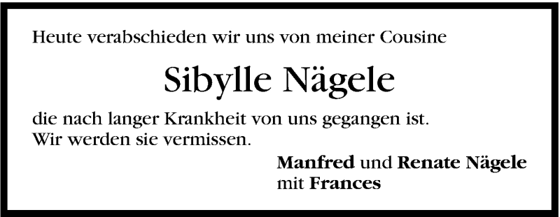  Traueranzeige für Sibylle Nägele vom 03.02.2015 aus Stuttgarter Zeitung / Stuttgarter Nachrichten