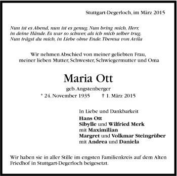Traueranzeige von Maria Ott von Stuttgarter Zeitung / Stuttgarter Nachrichten