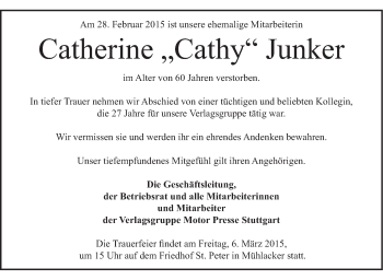 Traueranzeige von Catherine Junker von Stuttgarter Zeitung / Stuttgarter Nachrichten