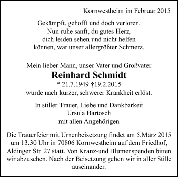 Traueranzeige von Reinhard Schmidt von Stuttgarter Zeitung / Stuttgarter Nachrichten