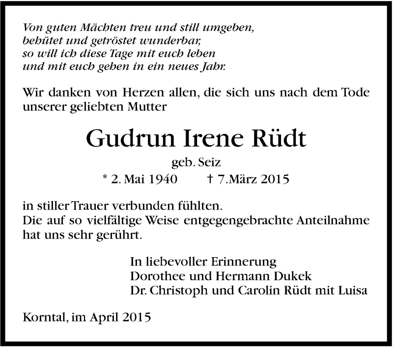  Traueranzeige für Gudrun Irene Rüdt vom 25.04.2015 aus Stuttgarter Zeitung / Stuttgarter Nachrichten