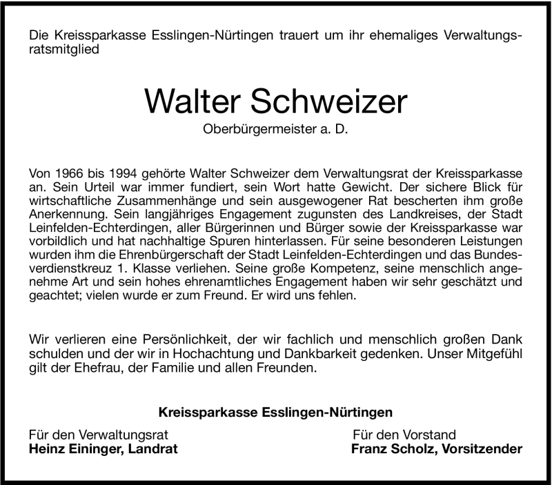  Traueranzeige für Walter Schweizer vom 08.12.2011 aus Stuttgarter Zeitung / Stuttgarter Nachrichten