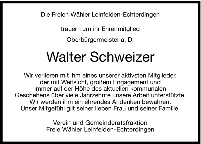  Traueranzeige für Walter Schweizer vom 09.12.2011 aus Stuttgarter Zeitung / Stuttgarter Nachrichten