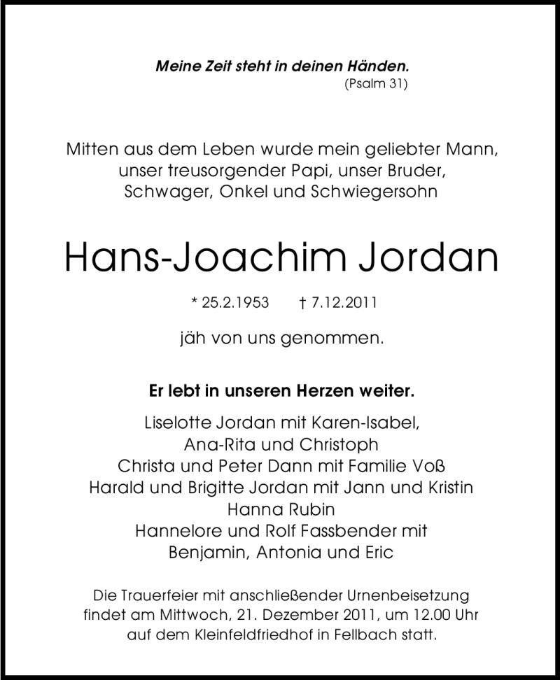  Traueranzeige für Hans-Joachim Jordan vom 10.12.2011 aus Stuttgarter Zeitung / Stuttgarter Nachrichten