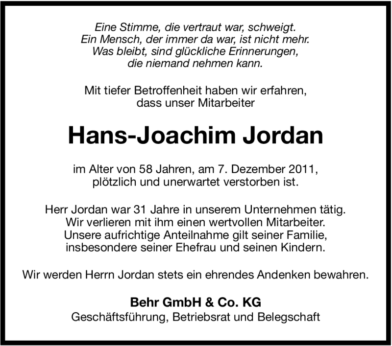  Traueranzeige für Hans-Joachim Jordan vom 15.12.2011 aus Stuttgarter Zeitung / Stuttgarter Nachrichten