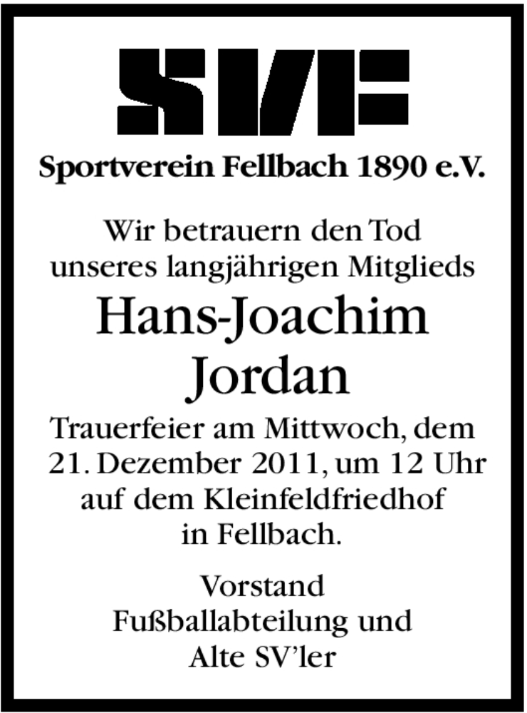  Traueranzeige für Hans-Joachim Jordan vom 17.12.2011 aus Stuttgarter Zeitung / Stuttgarter Nachrichten