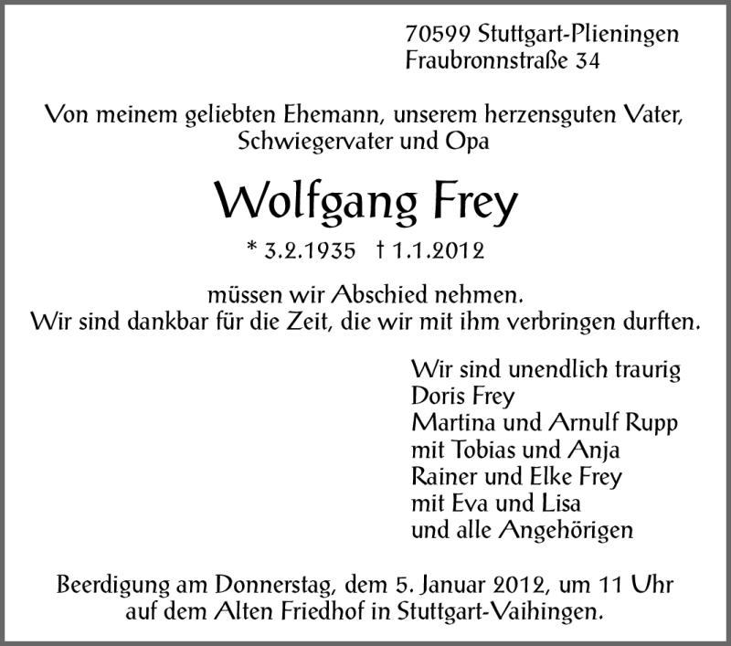  Traueranzeige für Wolfgang Frey vom 03.01.2012 aus Stuttgarter Zeitung / Stuttgarter Nachrichten