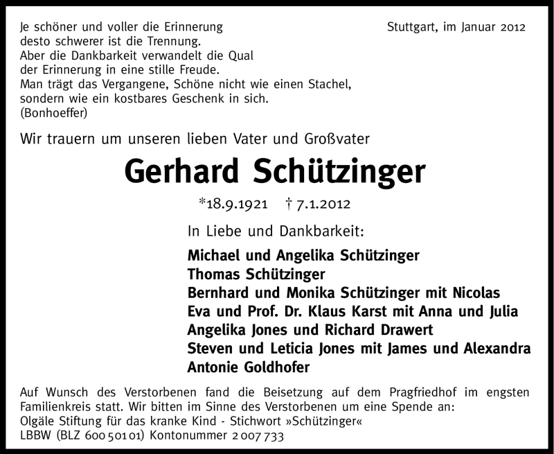  Traueranzeige für Gerhard Schützinger vom 14.01.2012 aus Stuttgarter Zeitung / Stuttgarter Nachrichten