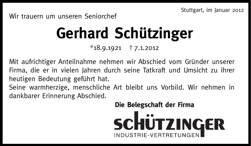  Traueranzeige für Gerhard Schützinger vom 14.01.2012 aus Stuttgarter Zeitung / Stuttgarter Nachrichten