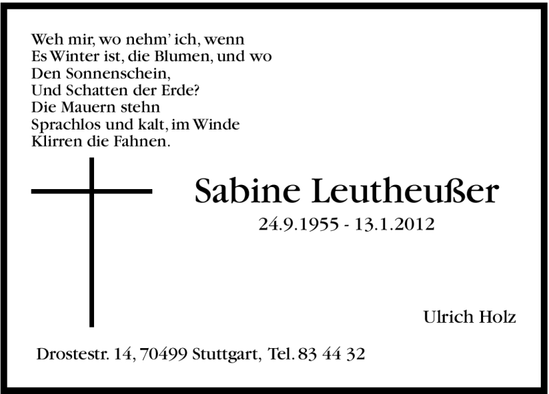  Traueranzeige für Sabine Leutheußer vom 16.01.2012 aus Stuttgarter Zeitung / Stuttgarter Nachrichten