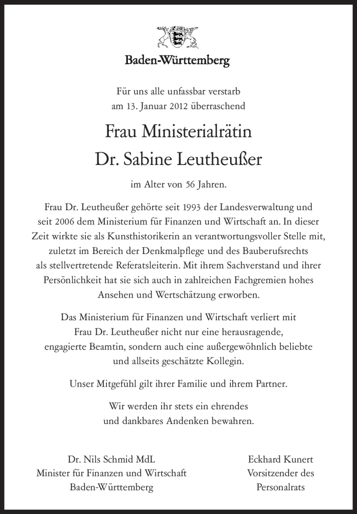  Traueranzeige für Sabine Leutheußer vom 19.01.2012 aus Stuttgarter Zeitung / Stuttgarter Nachrichten