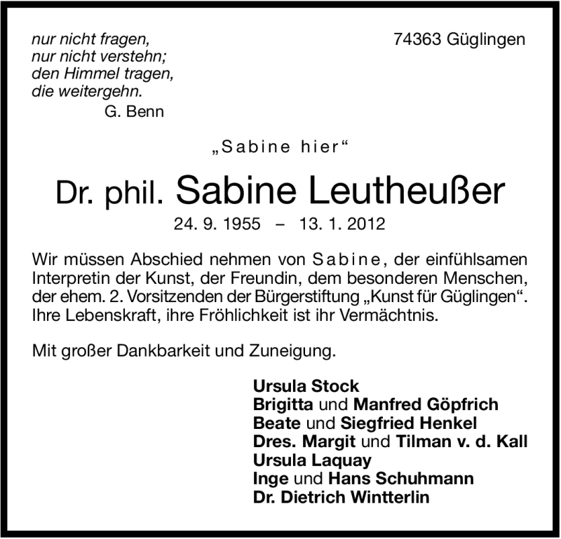  Traueranzeige für Sabine Leutheußer vom 20.01.2012 aus Stuttgarter Zeitung / Stuttgarter Nachrichten