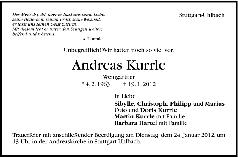  Traueranzeige für Andreas Kurrle vom 21.01.2012 aus Stuttgarter Zeitung / Stuttgarter Nachrichten
