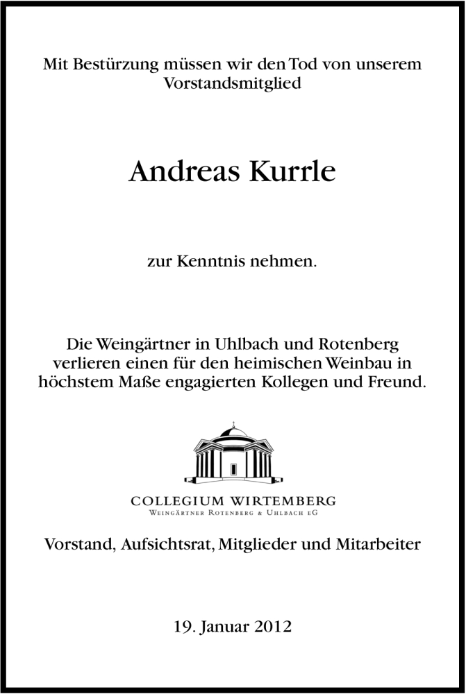  Traueranzeige für Andreas Kurrle vom 21.01.2012 aus Stuttgarter Zeitung / Stuttgarter Nachrichten