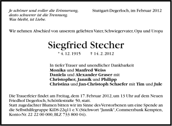 Traueranzeige von Siegfried Stecher von Stuttgarter Zeitung / Stuttgarter Nachrichten