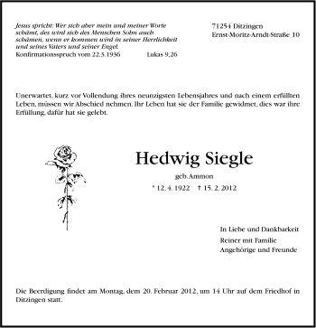Traueranzeige von Hedwig Siegle von Leonberger Kreiszeitung / Strohgäu Extra